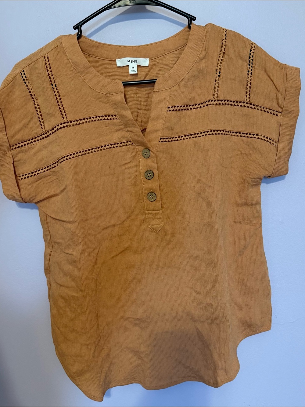MINE Orange/Rust Eyelet Henley Short Sleeve Top